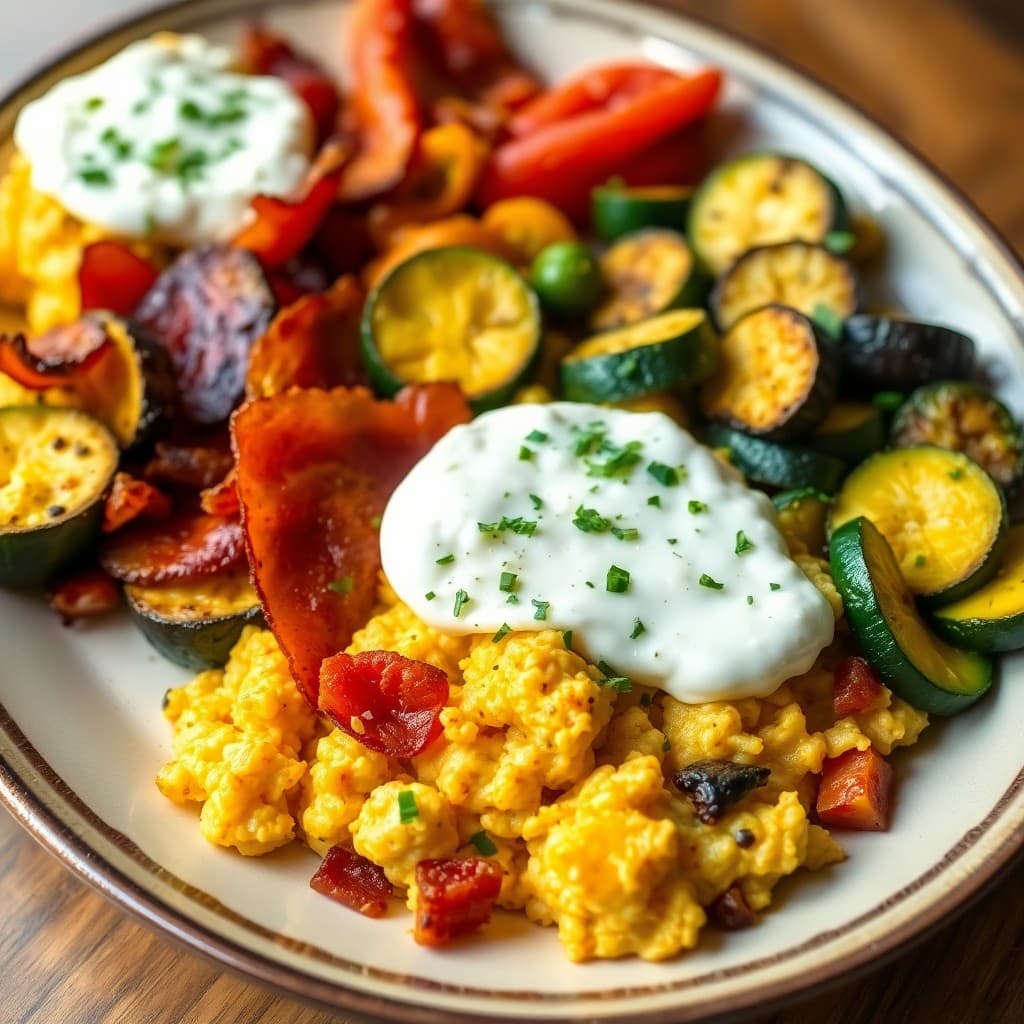 Turkish Whipped Feta & Herb Scramble with Crispy Bacon & Roasted Vegetable Medley