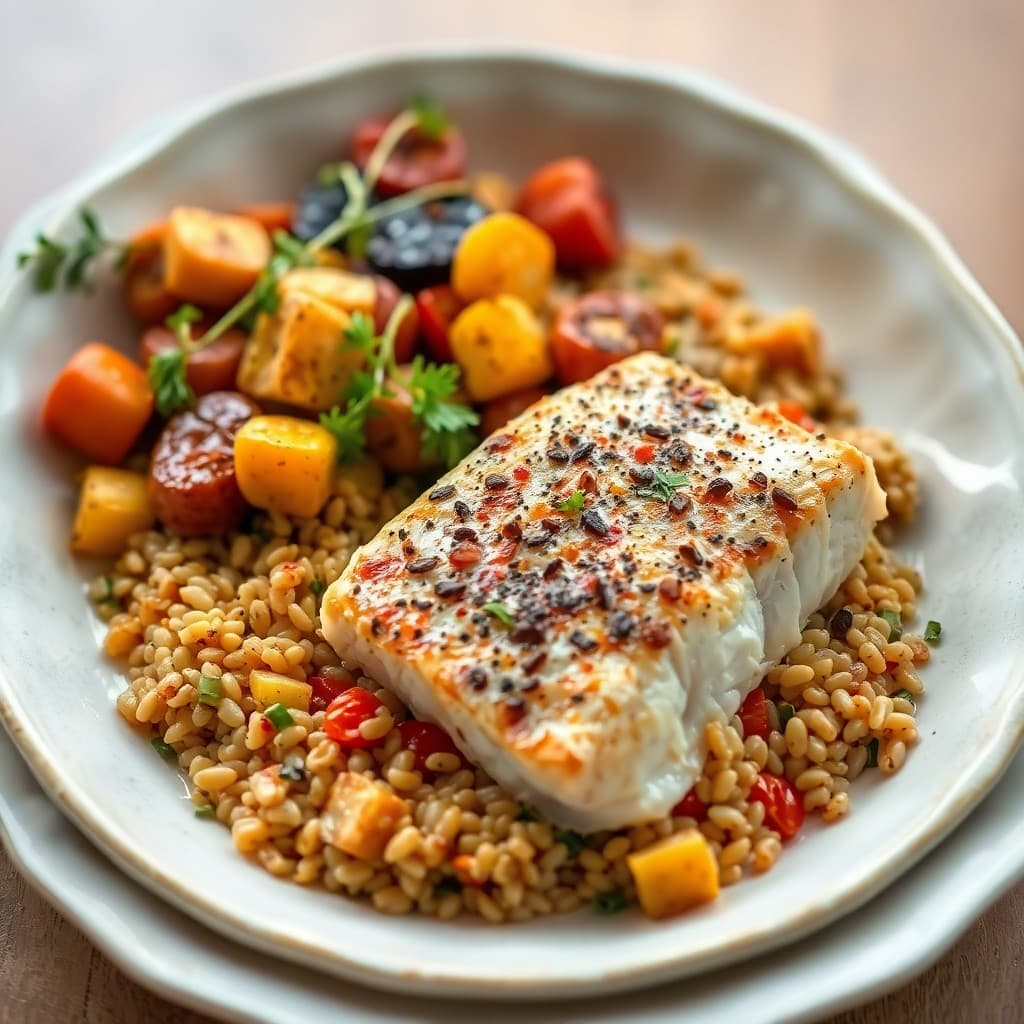 Mediterranean Baked Cod with Roasted Veggies and Farro