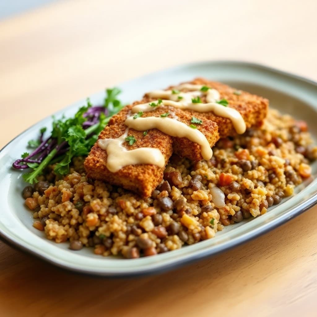 Crispy Tempeh Mujadara with Tahini-Lemon Drizzle