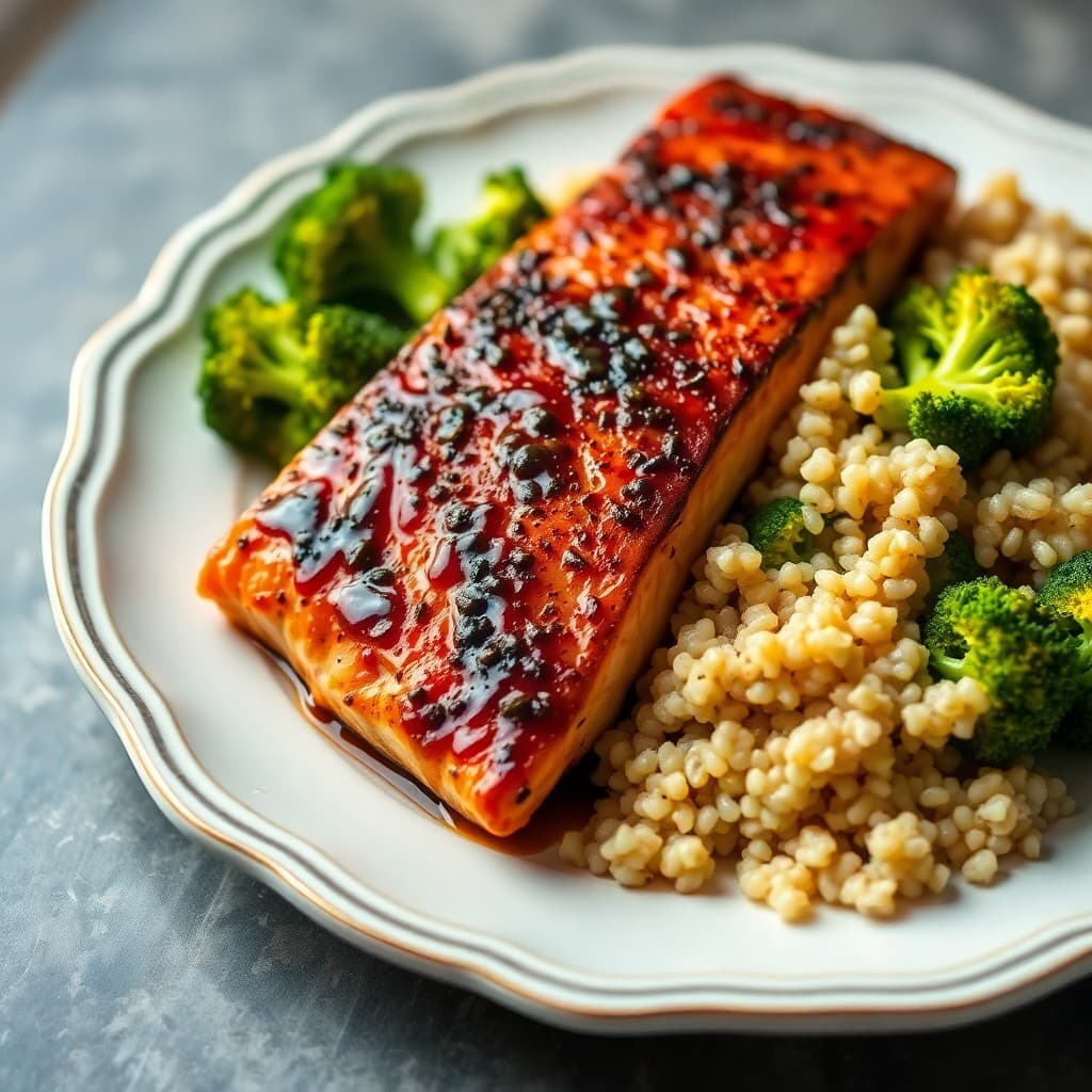 Seared Miso Salmon with Roasted Broccoli and Quinoa
