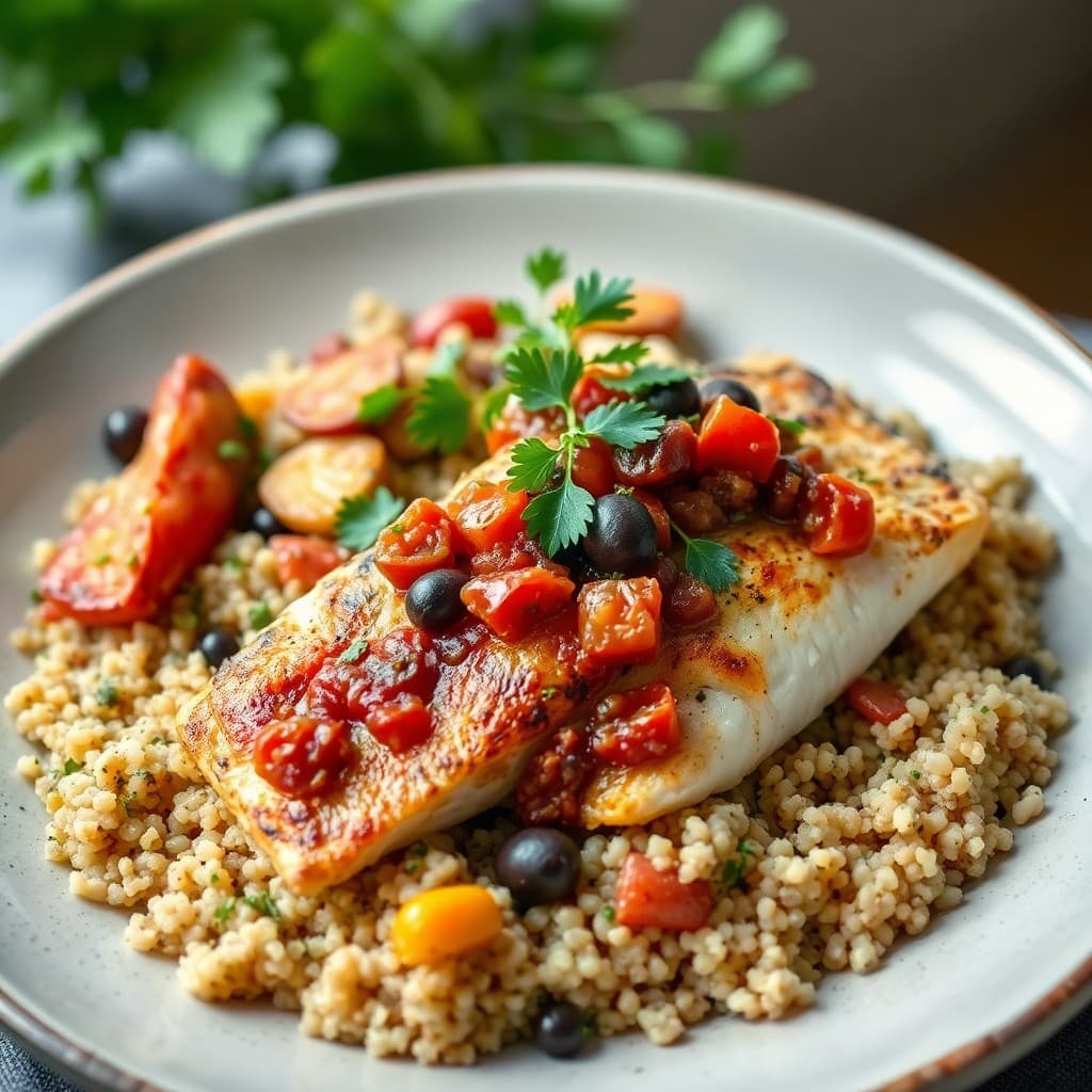 Turkish Pan-Seared Sea Bass with Charred Tomato-Olive Tapenade & Herbed Bulgur Pilaf