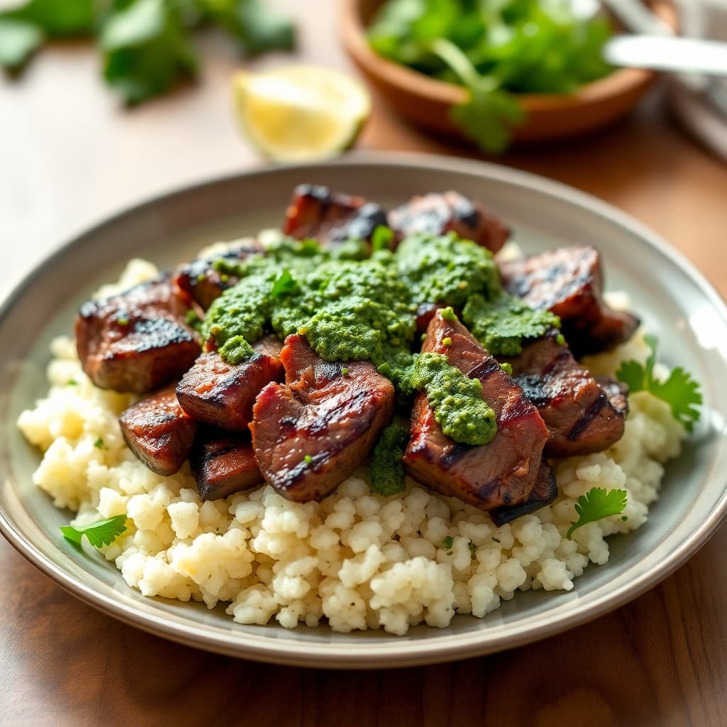 Chimichurri Steak Bowls with Lime Cilantro Cauliflower Rice