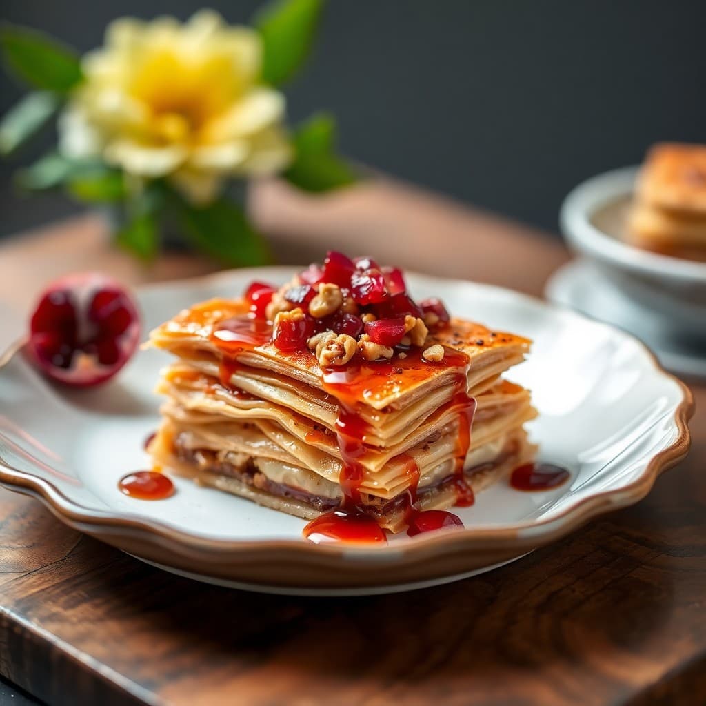 Turkish Walnut & Tahini Phyllo Baklava with Pomegranate-Honey Drizzle