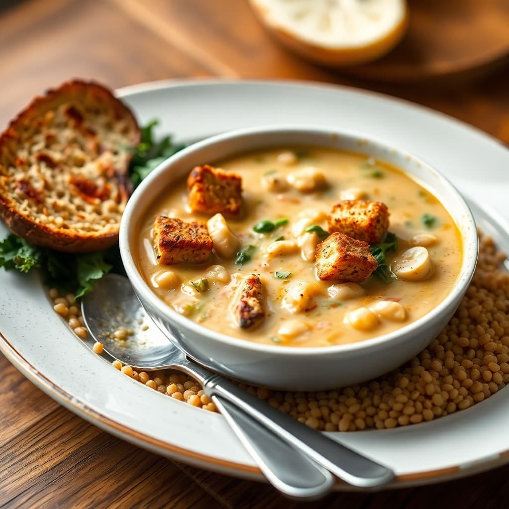 Crispy Tempeh & White Bean Soup with Charred Kale and Farro