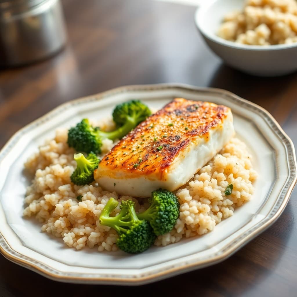 Seared Ginger-Garlic Cod with Roasted Broccoli and Quinoa Pilaf