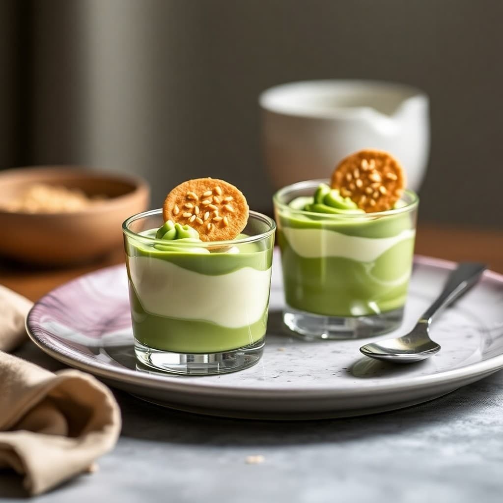 Matcha White Chocolate Mousse Cups with Crispy Sesame Tuile