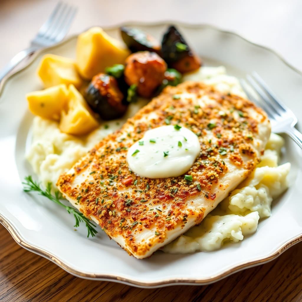 Herb-Crusted Tilapia with Roasted Garlic Cauliflower Mash