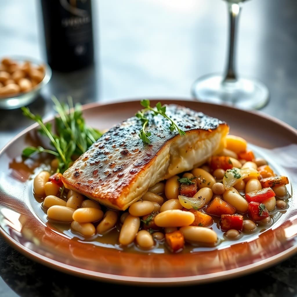 Pan-Seared Sea Bass with Charred Fennel, White Bean Cassoulet & Crispy Sage Oil