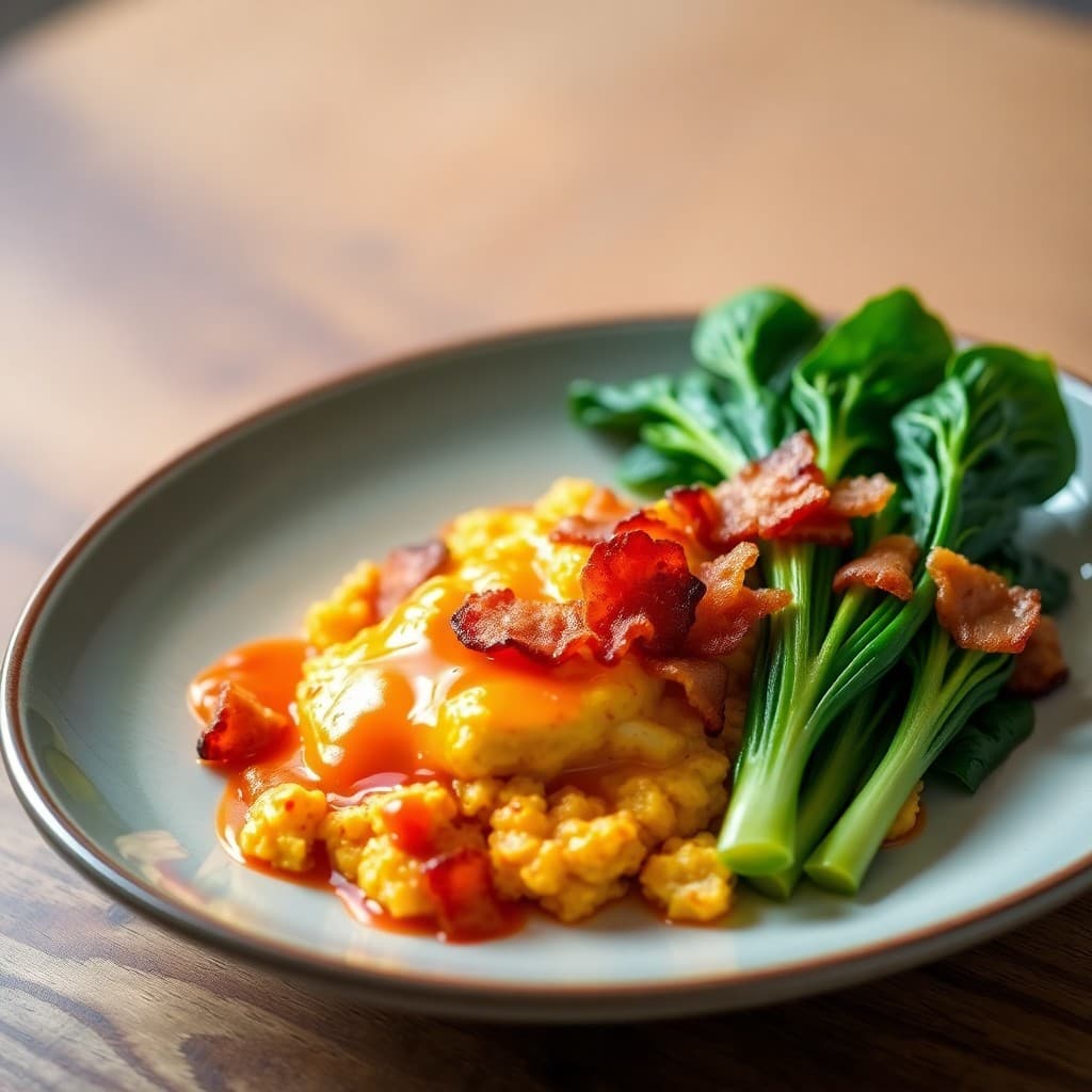 Korean Gochujang Scrambled Eggs with Crispy Bacon and Steamed Bok Choy