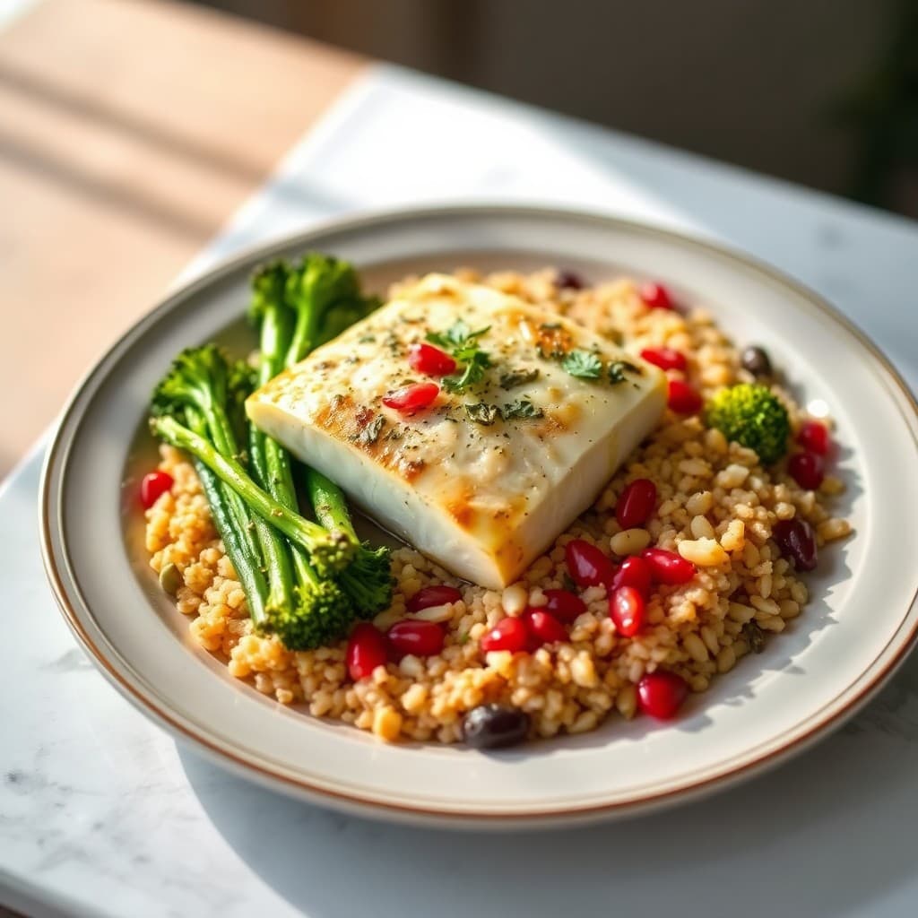 Turkish Herb-Poached Sea Bass with Charred Broccolini & Bulgur-Pomegranate Pilaf
