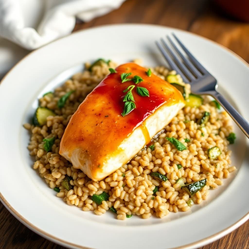 Honey Glazed Salmon with Roasted Garlic-Herb Zucchini and Farro