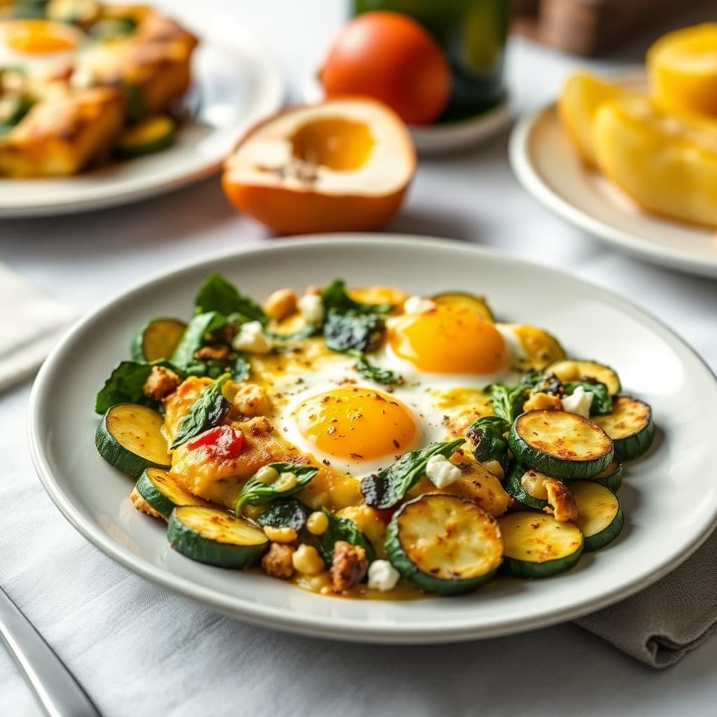 Sizzling Spinach and Feta Egg Bake with Garlic Roasted Zucchini