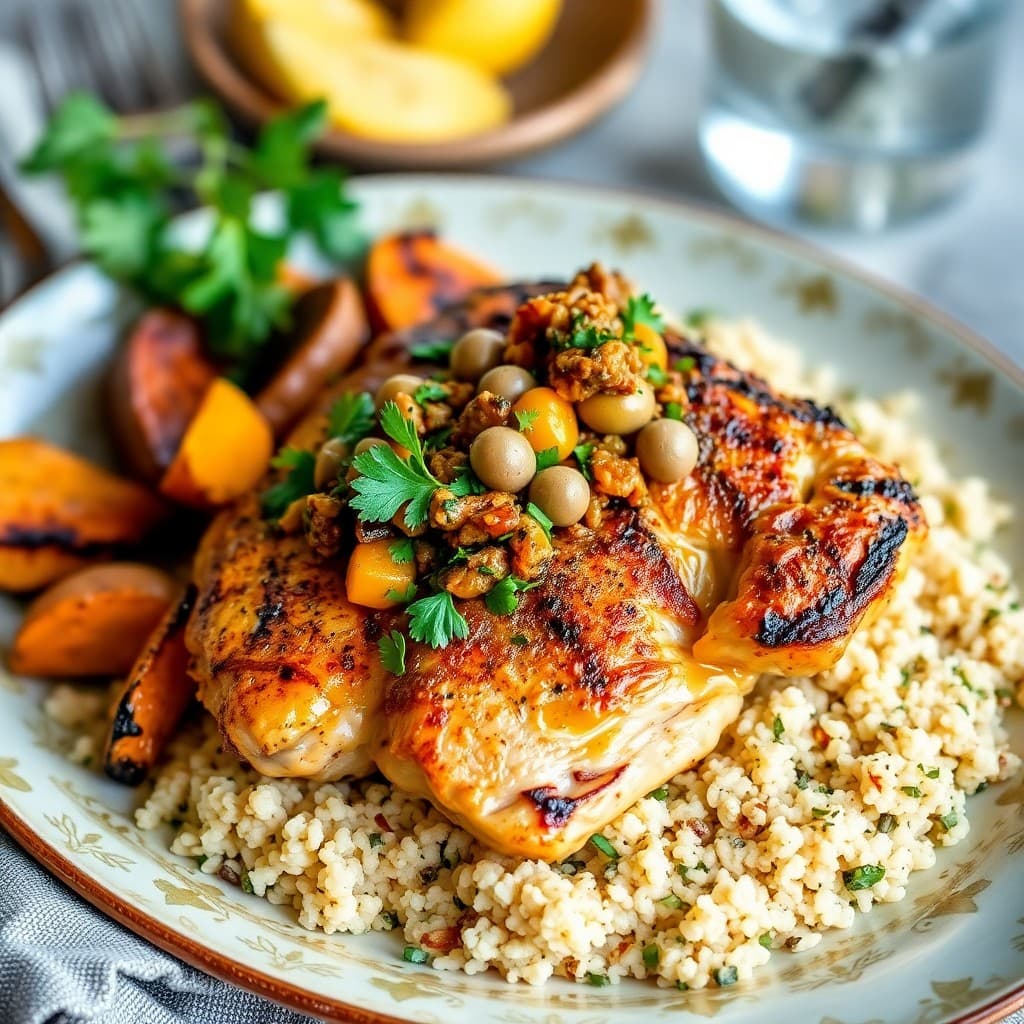 Moroccan-Spiced Grilled Chicken with Charred Apricot & Olive Tapenade, Roasted Root Vegetables & Herbed Couscous