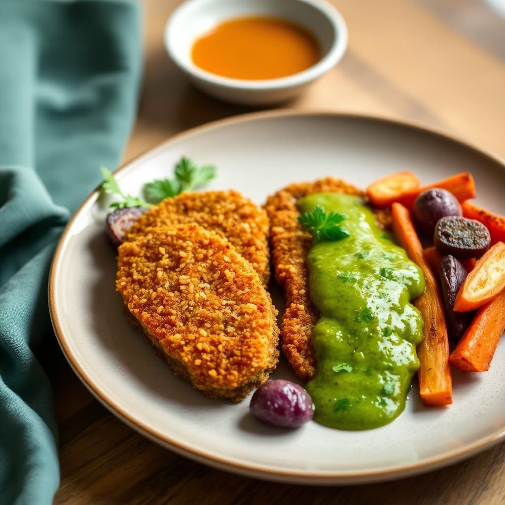 Peruvian Quinoa-Crusted Seitan with Aji Verde & Roasted Root Vegetables