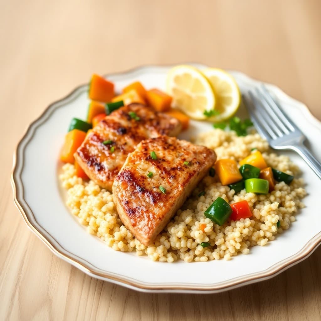 Seared Ginger-Garlic Tuna Steaks with Roasted Vegetable Medley and Quinoa