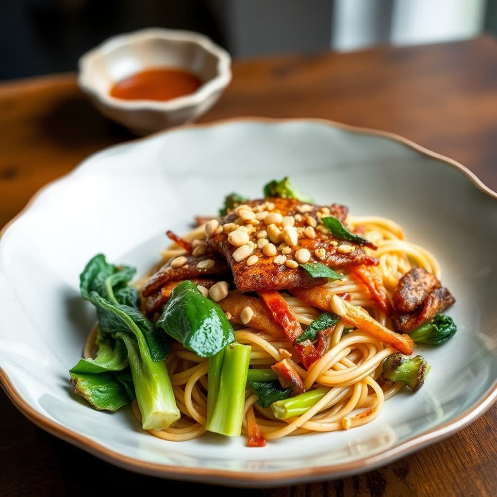 Sichuan Crispy Seitan Noodles with Charred Bok Choy & Sesame Oil Drizzle