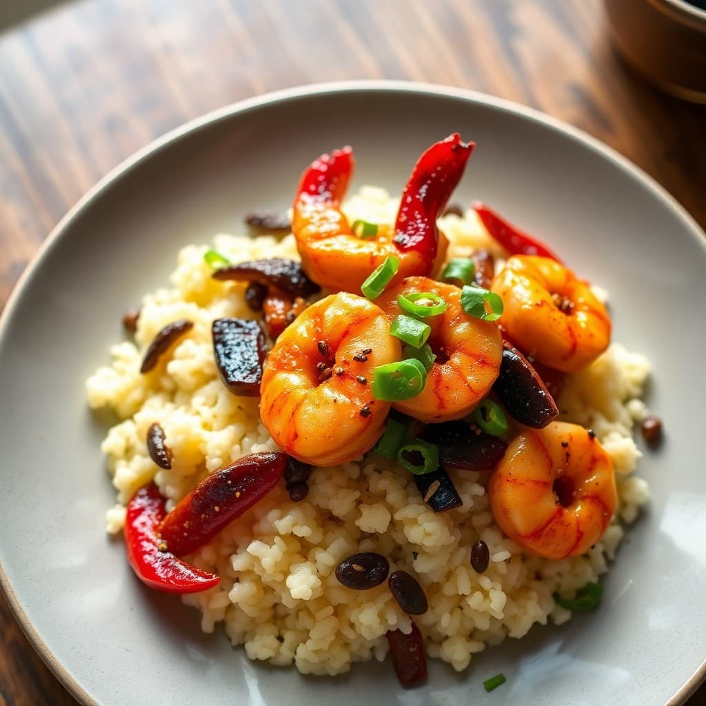 Sichuan Chili Oil Shrimp with Cauliflower Rice & Crispy Garlic