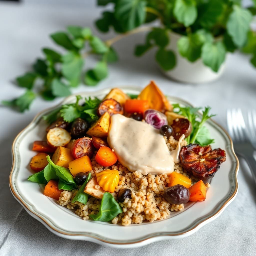 Roasted Autumn Vegetable Bowl with Quinoa and Maple-Tahini Dressing