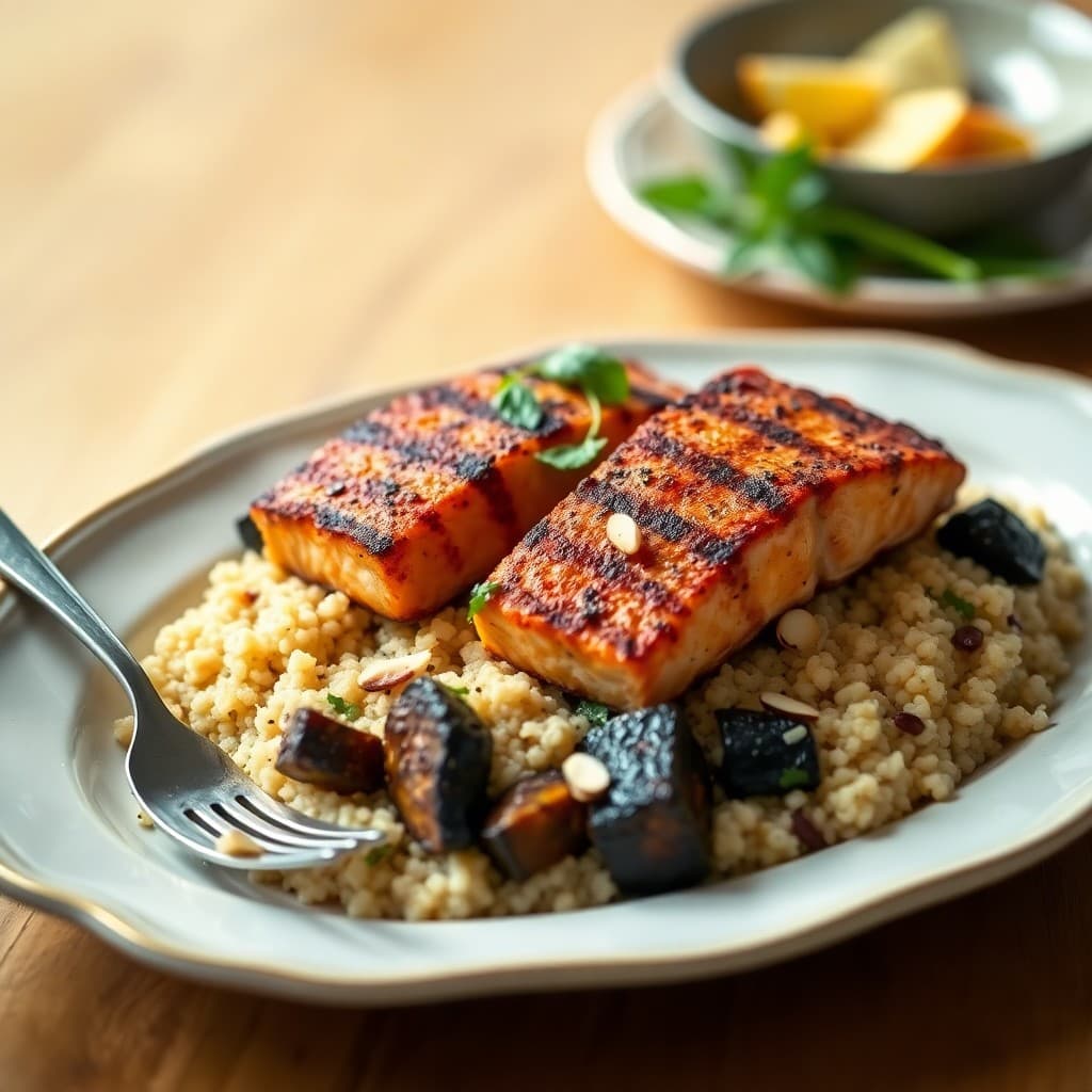 Tunisian-Spiced Grilled Salmon with Charred Eggplant & Herbed Couscous