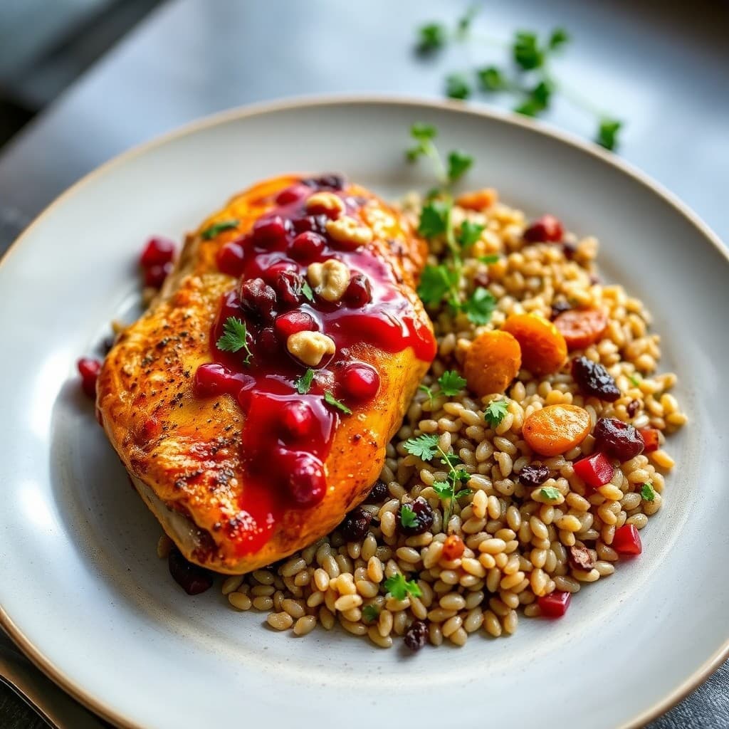 Turkish Roasted Chicken with Pomegranate-Walnut Sauce & Herbed Barley Pilaf