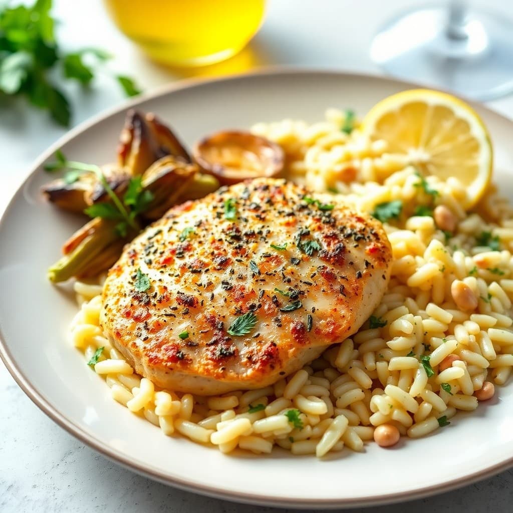 Italian Herb-Crusted Chicken Piccata with Charred Artichoke & Lemon Orzo