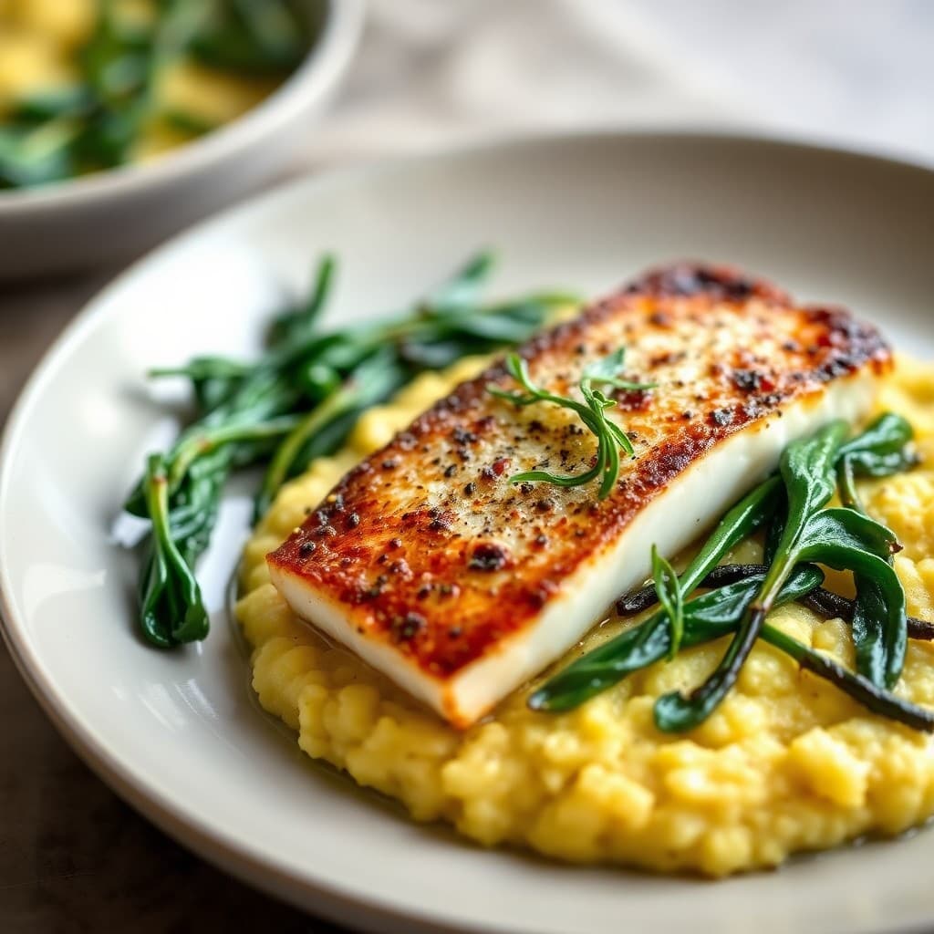 Pan-Seared Italian Sea Bass with Creamy Polenta & Sautéed Bitter Greens