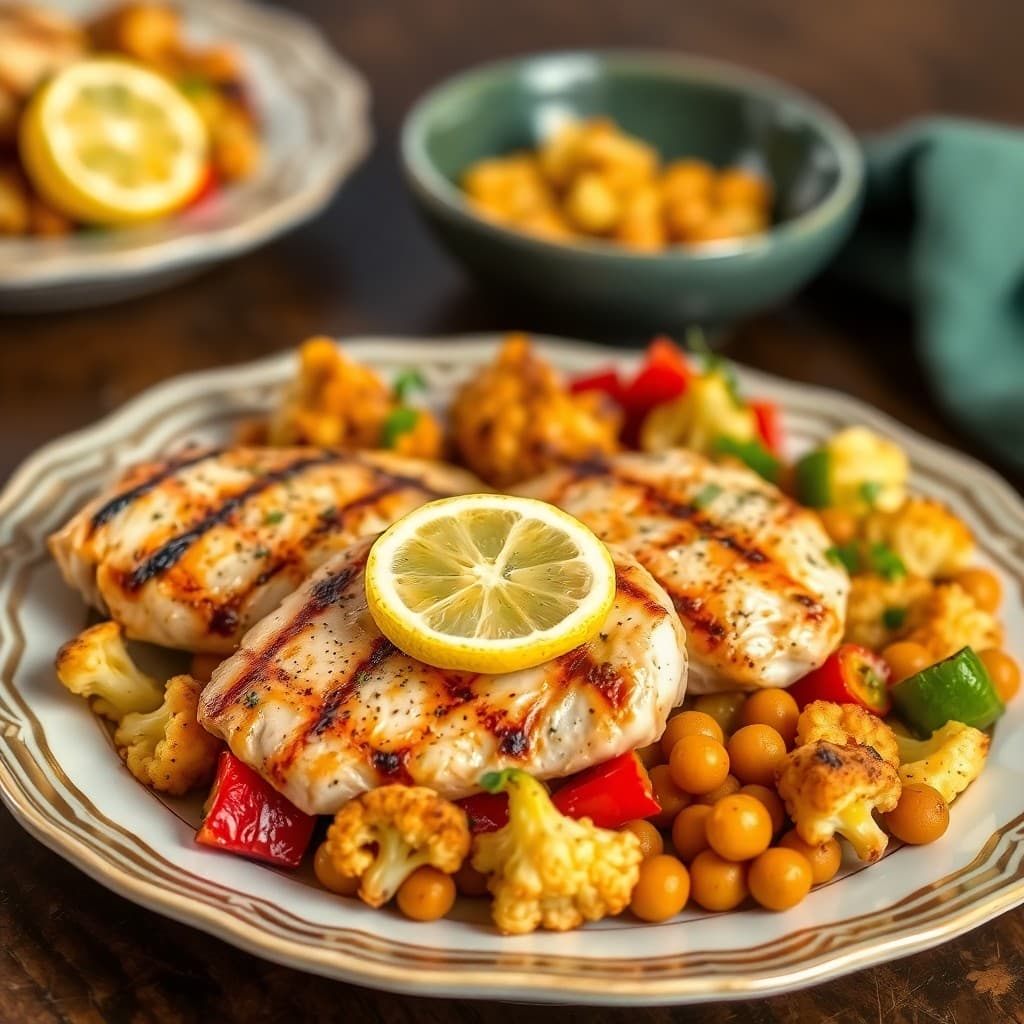 Grilled Lemon-Garlic Chicken with Roasted Cauliflower Medley