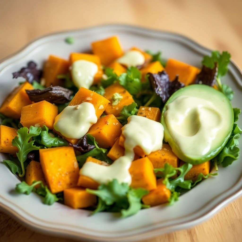 Roasted Butternut Squash Salad with Creamy Avocado Dressing