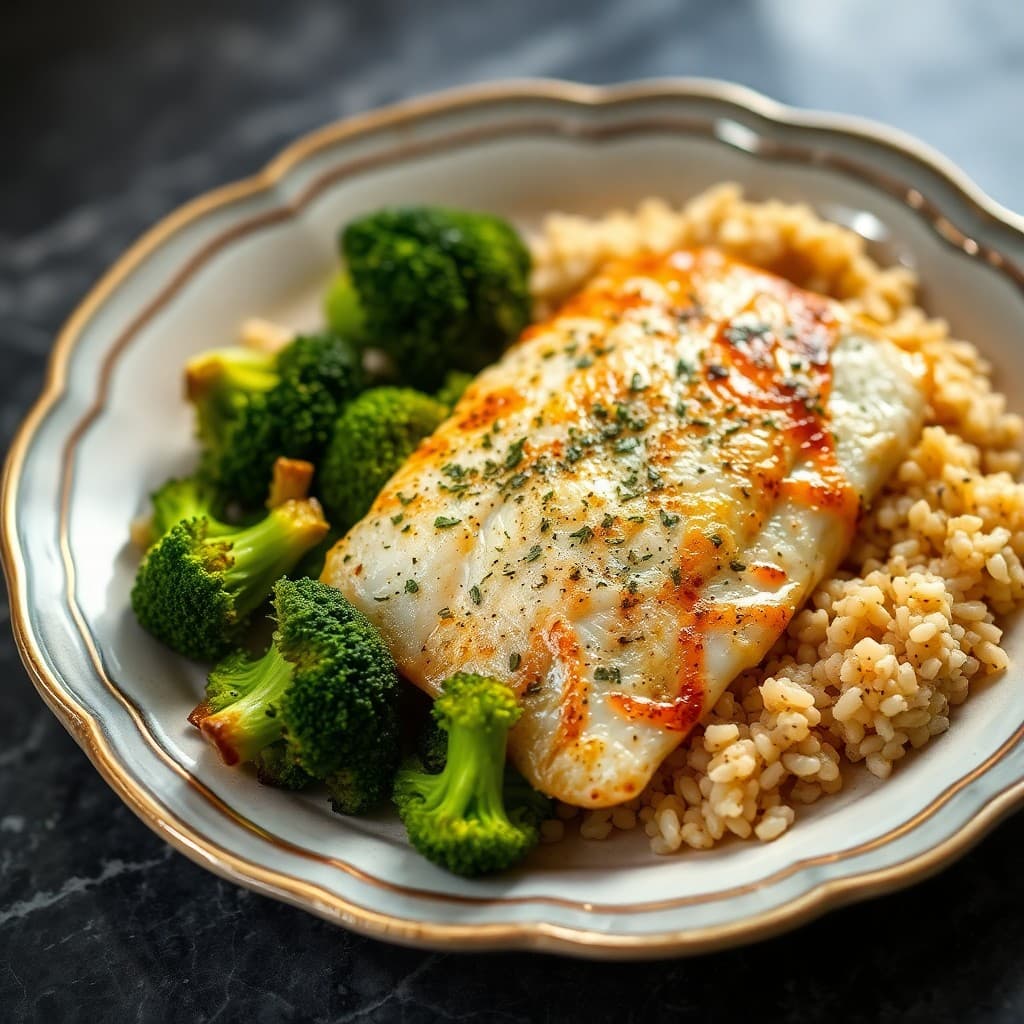 Garlic Herb Baked Tilapia with Roasted Broccoli and Quinoa