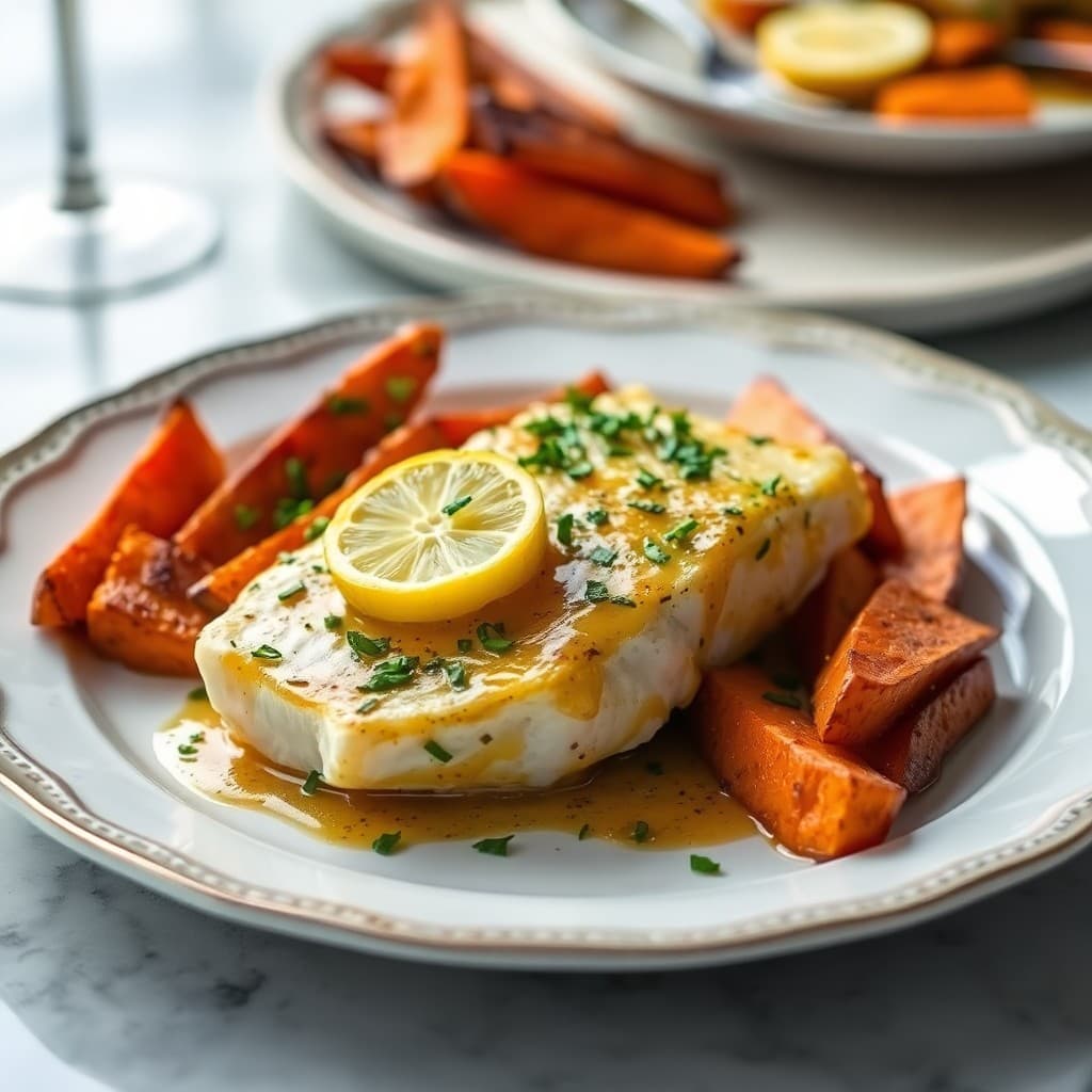 Lemon Herb Baked Cod with Roasted Sweet Potatoes