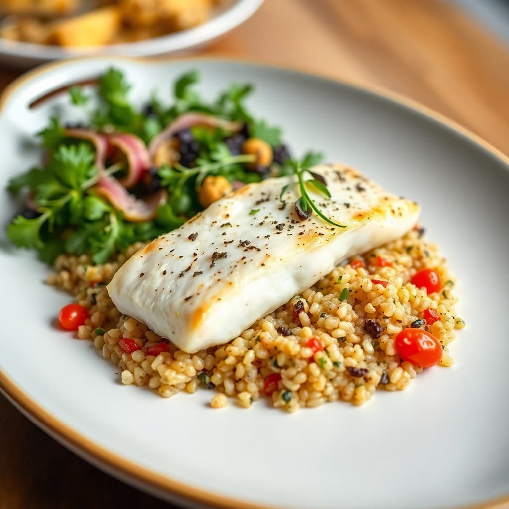 Mediterranean Baked Halibut with Herbed Quinoa