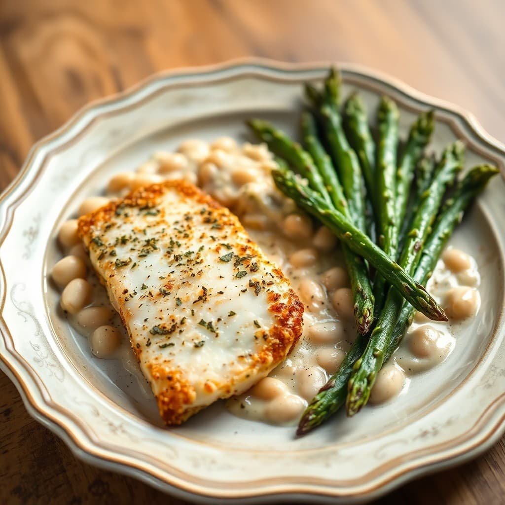 Tuscan White Bean & Herb-Crusted Tilapia with Roasted Asparagus