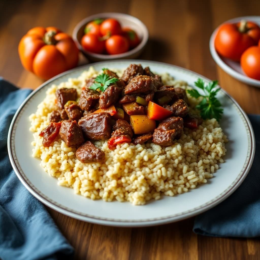 Moroccan Spiced Beef Tagine with Bulgur Pilaf
