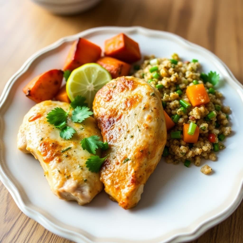 Cilantro Lime Chicken with Roasted Sweet Potato and Quinoa Salad