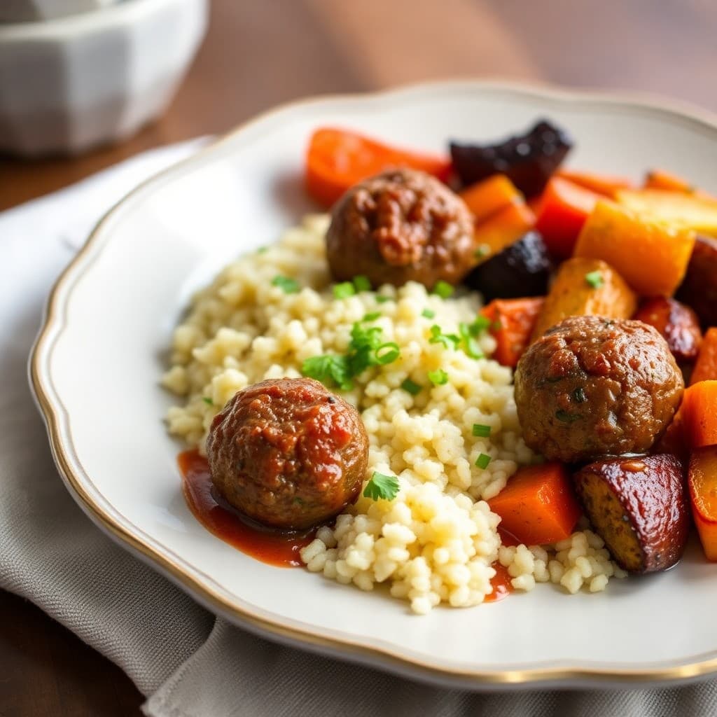 Moroccan-Spiced Lamb Meatballs with Couscous and Roasted Vegetables