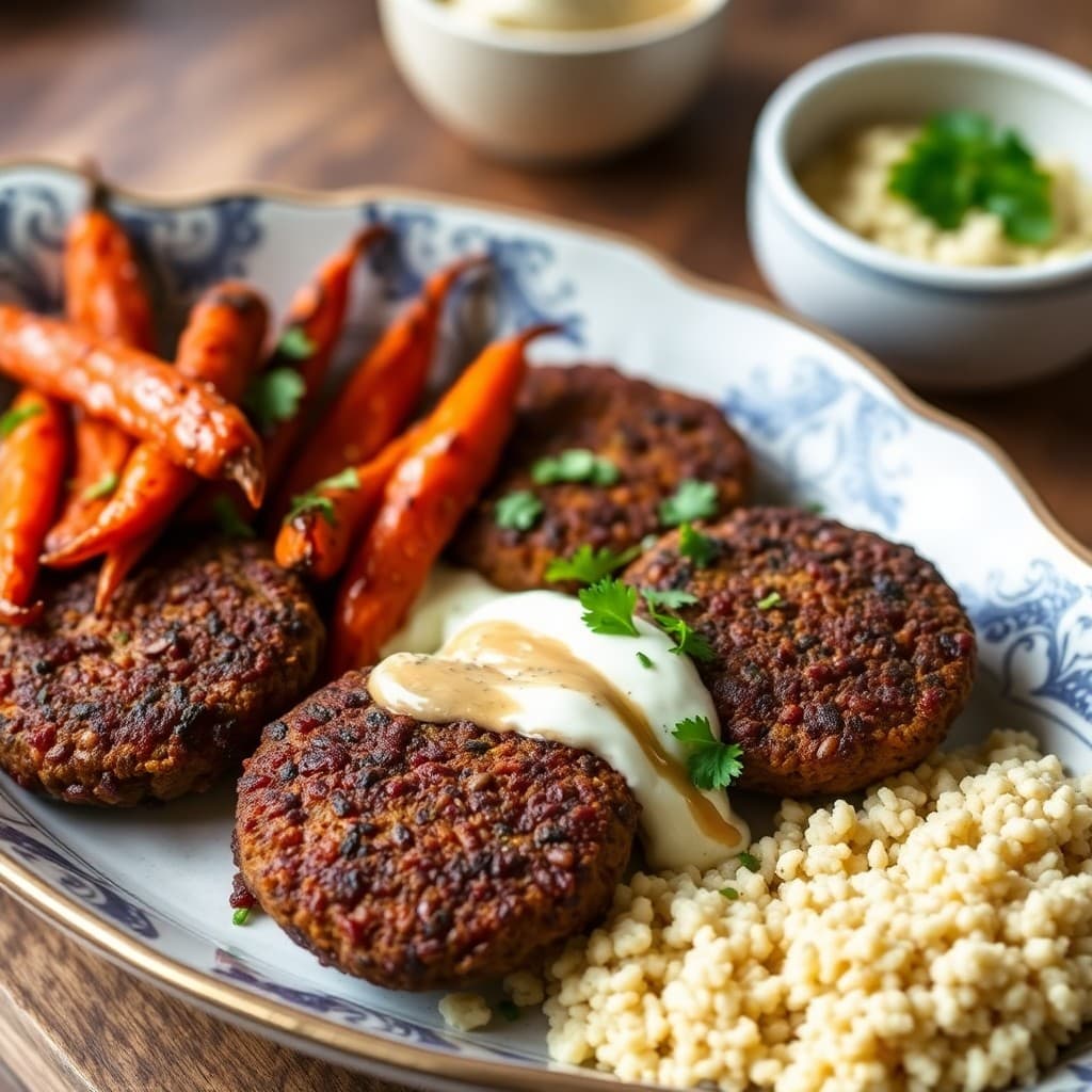 Turkish-Spiced Lentil & Walnut Köfte with Pomegranate-Glazed Roasted Carrots
