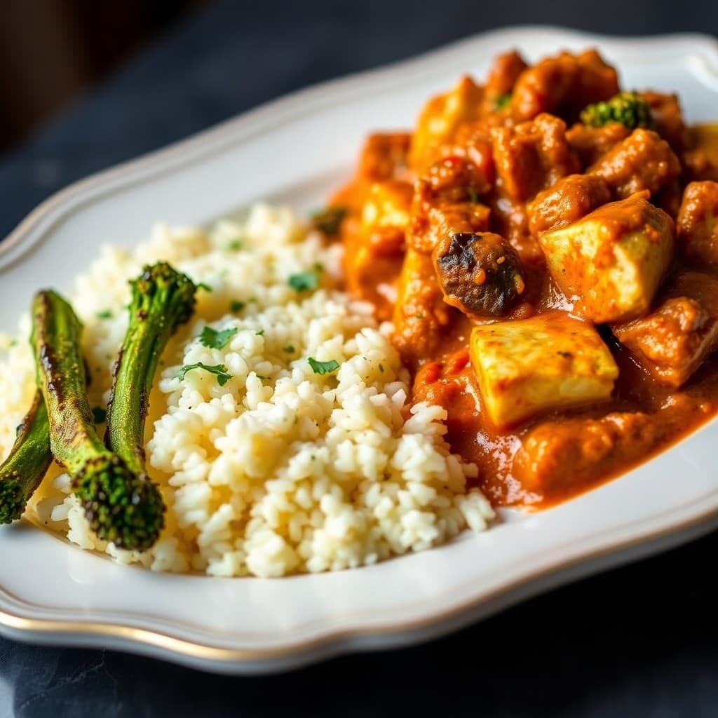 Indian-Spiced Paneer Tikka Masala with Saffron Basmati & Charred Broccolini