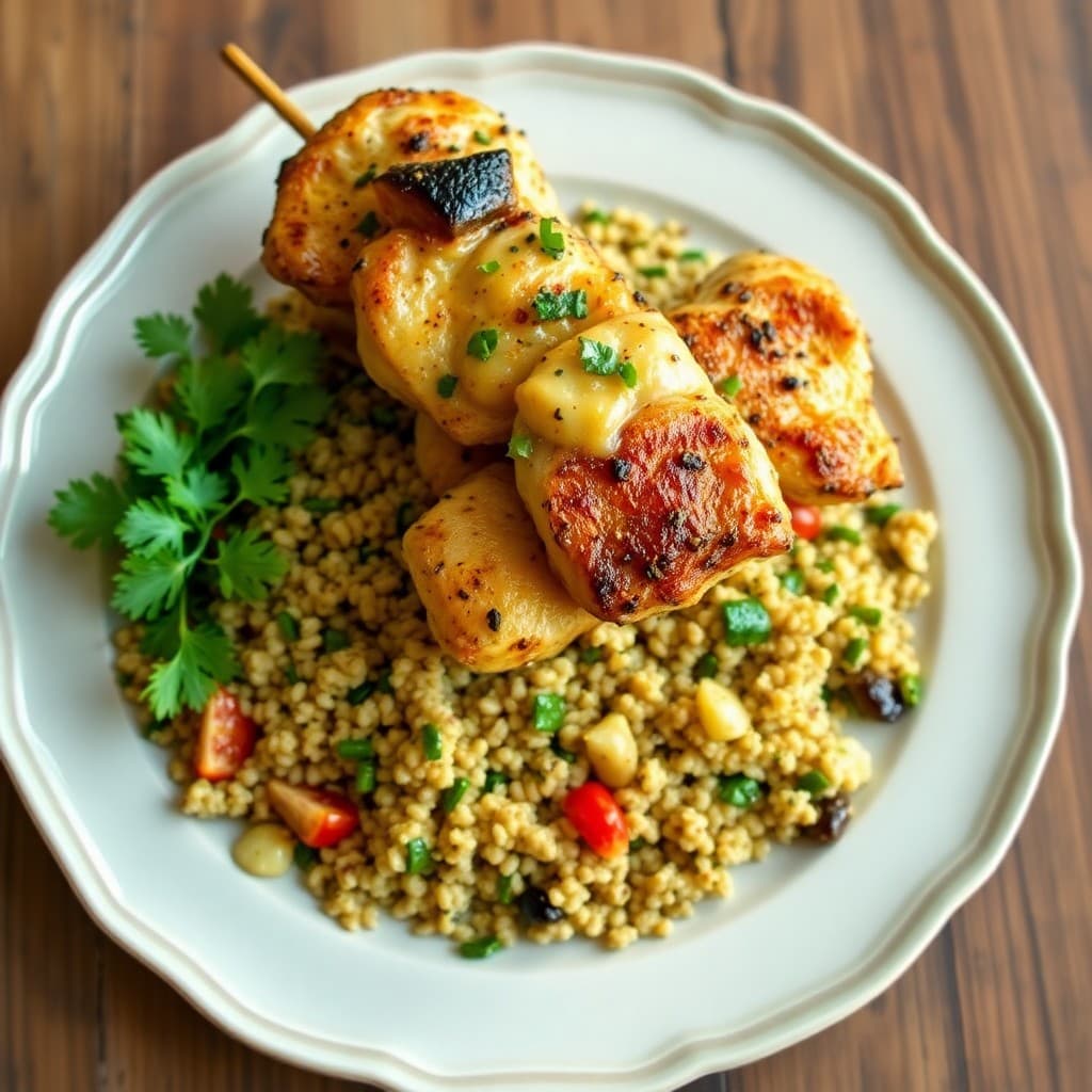 Lemon Garlic Chicken Kebabs with Roasted Vegetable Quinoa