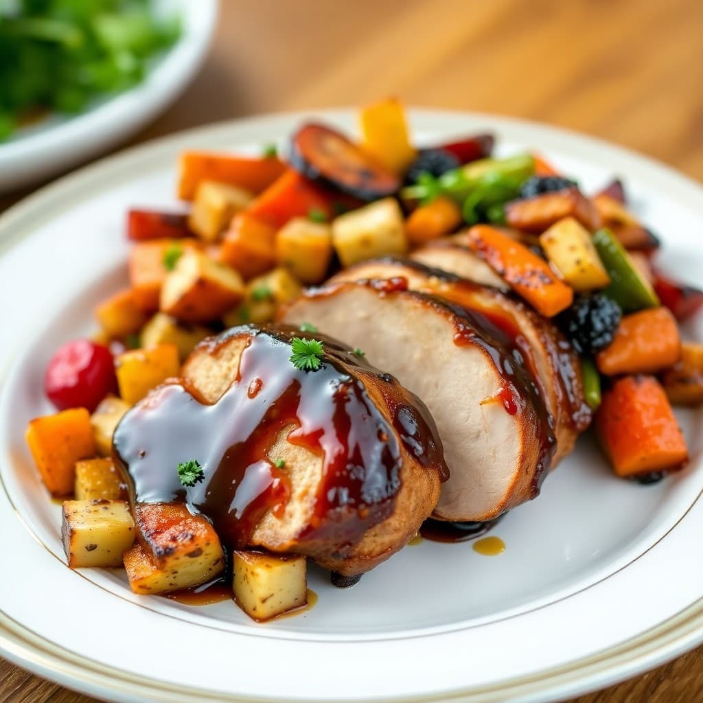 Honey-Balsamic Glazed Pork Tenderloin with Roasted Veggie Medley