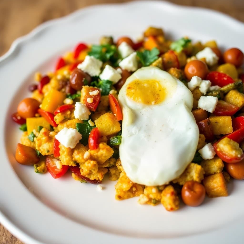 Roasted Vegetable and Feta Breakfast Scramble