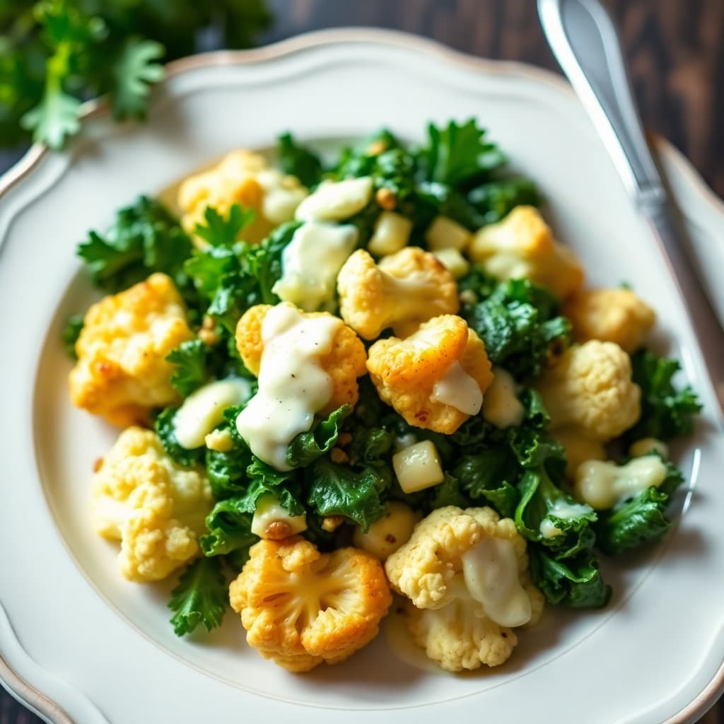 Roasted Cauliflower and Kale Salad with Lemon Parmesan Dressing