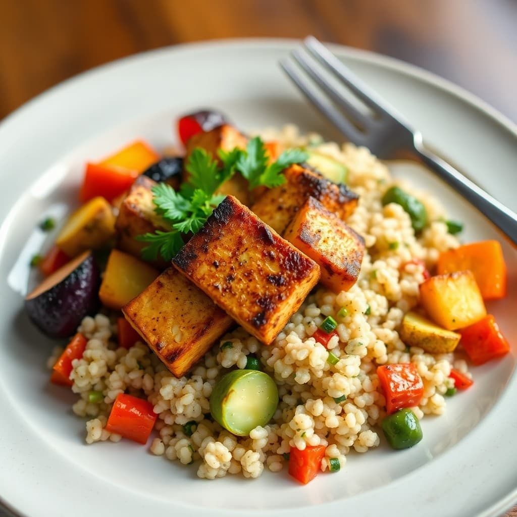 Seared Ginger-Garlic Tofu with Quinoa and Roasted Vegetables