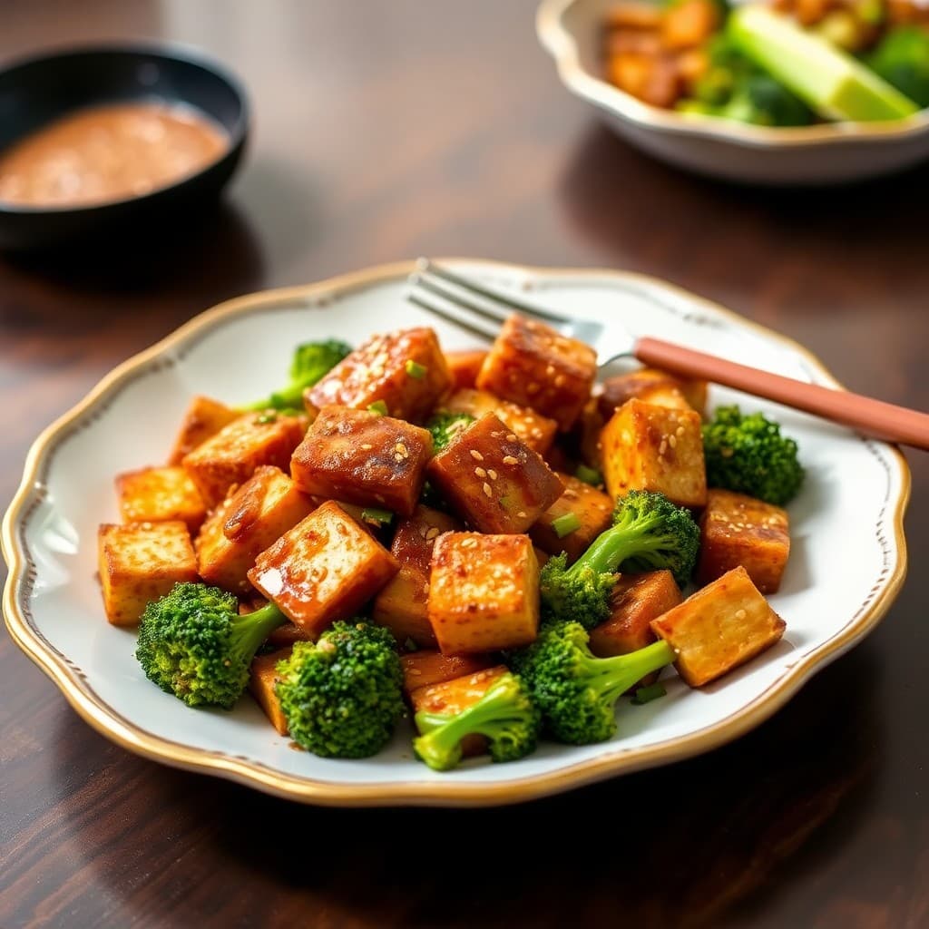 Honey Sesame Glazed Tofu Stir-Fry with Garlic Ginger Broccoli