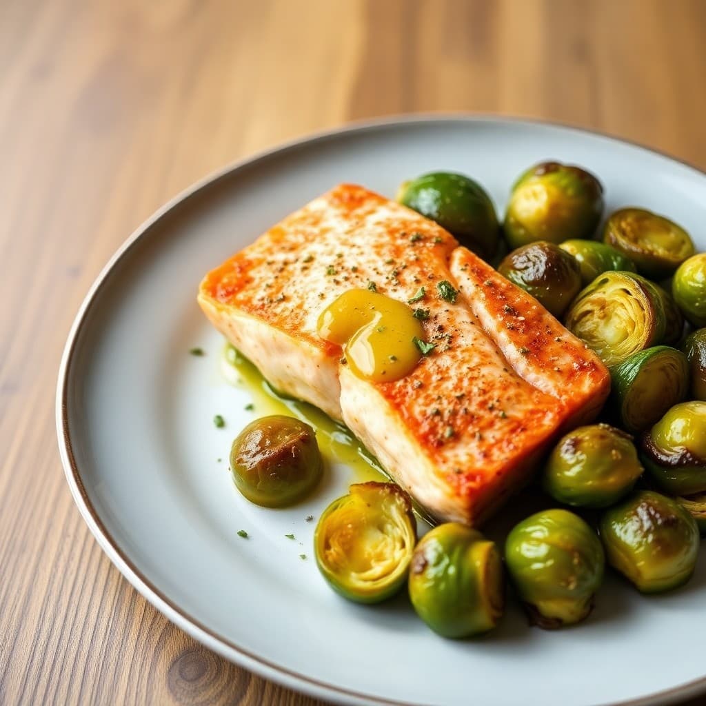 Roasted Salmon with Garlic Butter and Roasted Brussels Sprouts