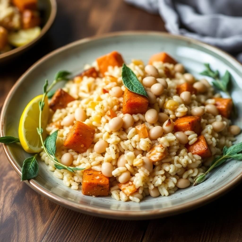 Tuscan White Bean & Roasted Vegetable Risotto with Crispy Sage Oil