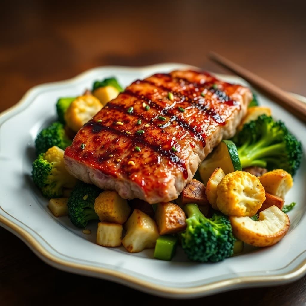 Seared Ginger Sesame Tuna with Miso-Roasted Vegetables