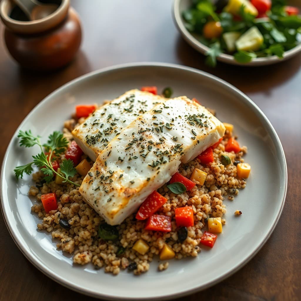 Mediterranean Baked Halibut with Herbed Bulgur and Roasted Vegetables