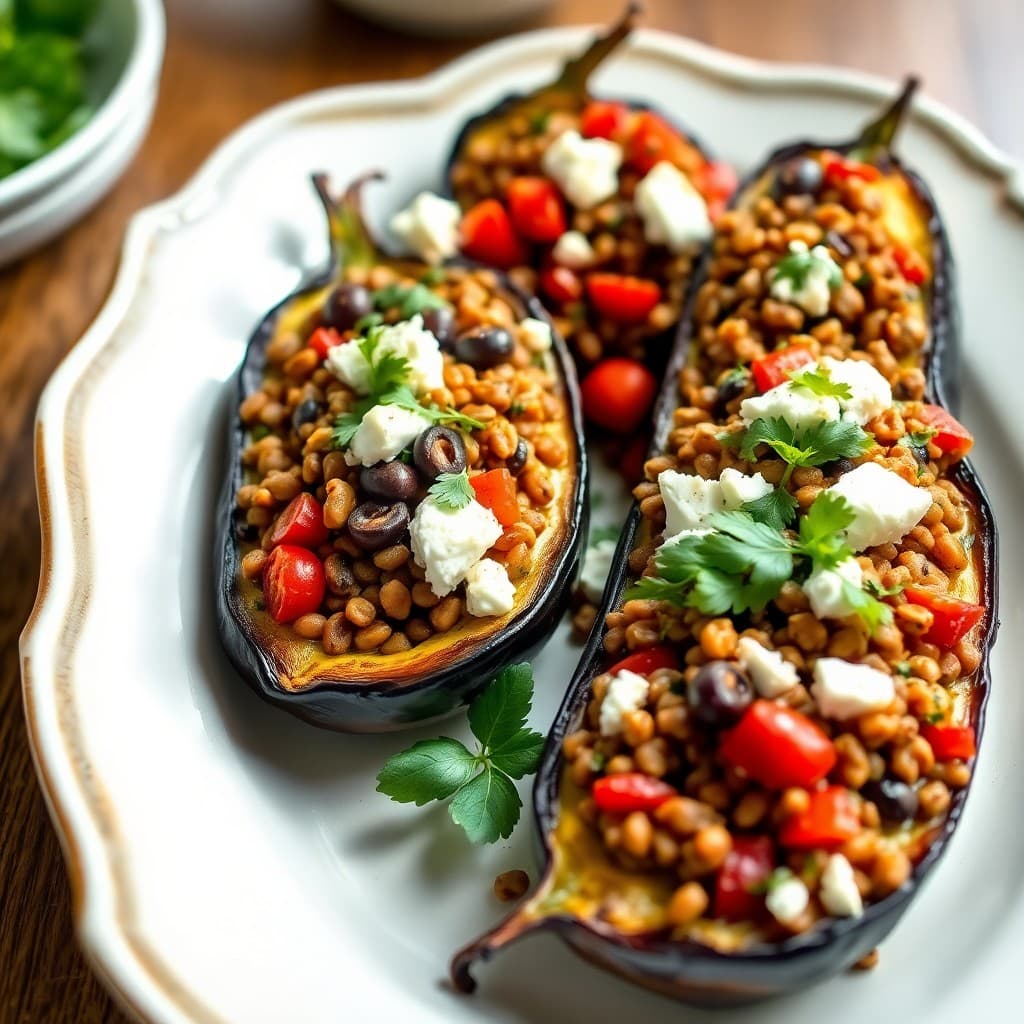 Mediterranean Lentil and Feta Stuffed Eggplant