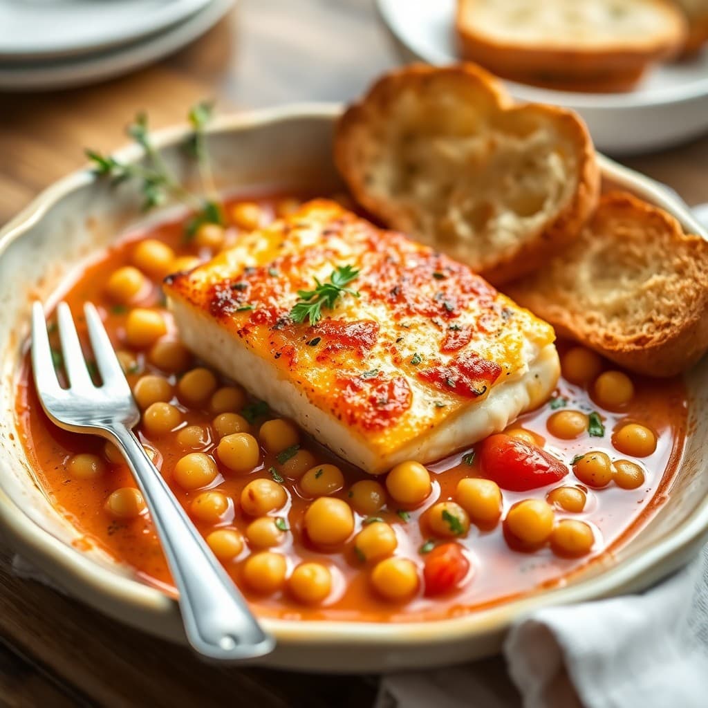 Portuguese Golden Cod & Chickpea Skillet with Garlic Bread