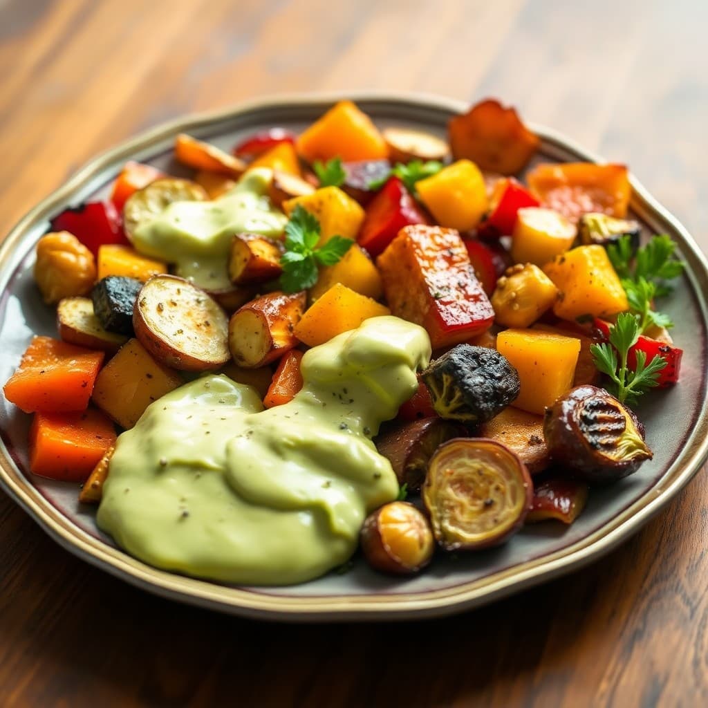 Roasted Autumn Vegetable Medley with Creamy Avocado Dressing